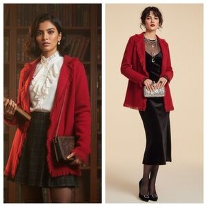 Sarah Spenser M 100% Boiled Wool Cardigan Red Fringe Mob Wife Jacket